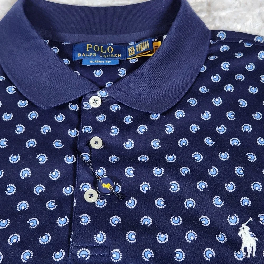 NWT Polo Ralph Lauren Men Blue Horseshoe Medallion Print Polo Shirt XXL /‎ 2XL